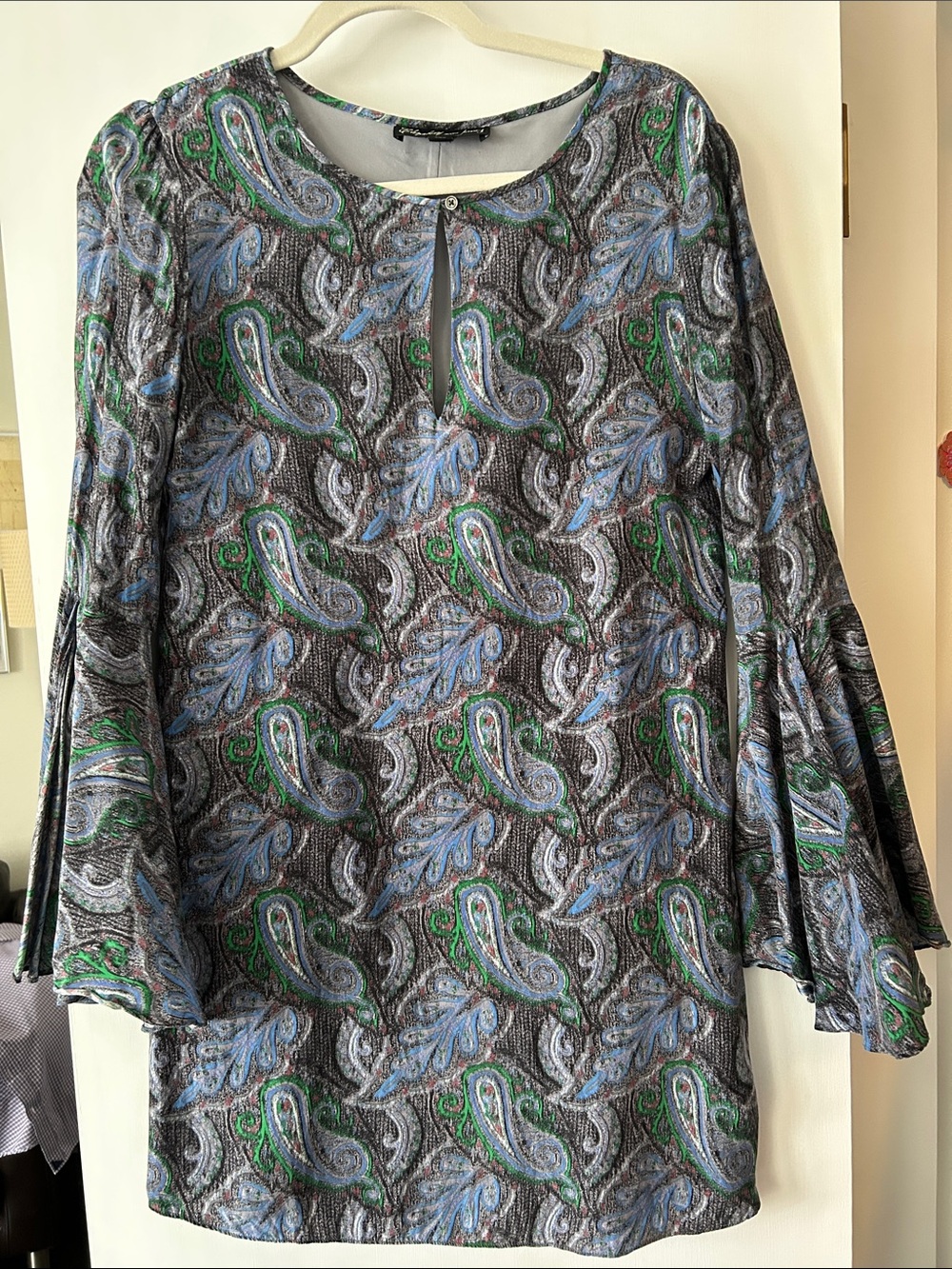 Elizabeth and James Silk Paisley Mini Dress in Gray, Blue, Green